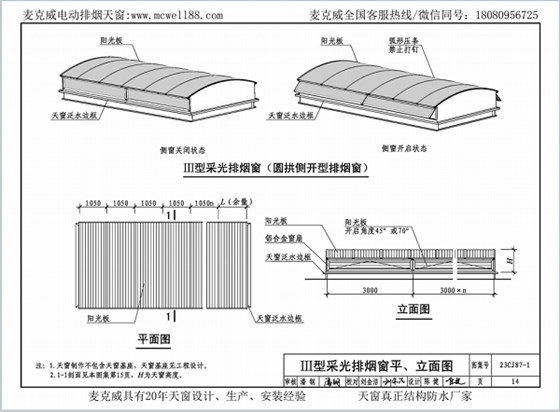 23CJ87-1采光、通風(fēng)、消防排煙天窗（一）中III型側(cè)開式圓拱型電動(dòng)采光排煙天窗