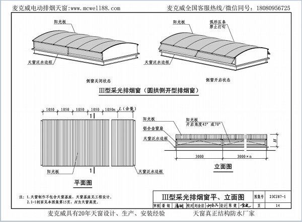23CJ87-1采光、通風(fēng)、消防排煙天窗（一）中III型側(cè)開(kāi)式圓拱型電動(dòng)采光排煙天窗