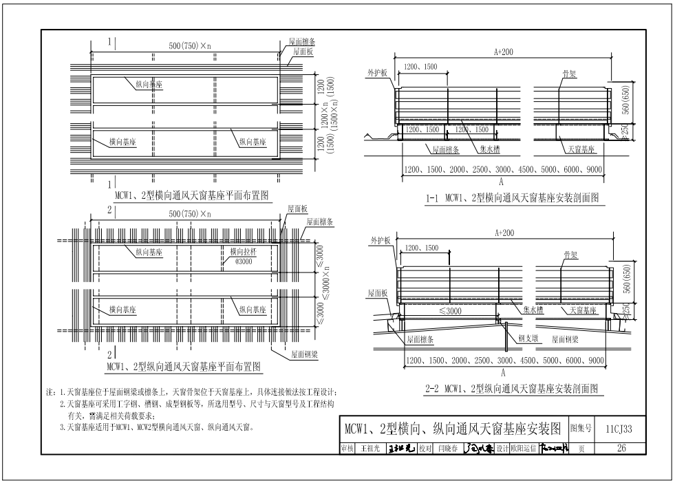 11cj33MCW1、2型橫向、縱向通風(fēng)天窗基座安裝圖